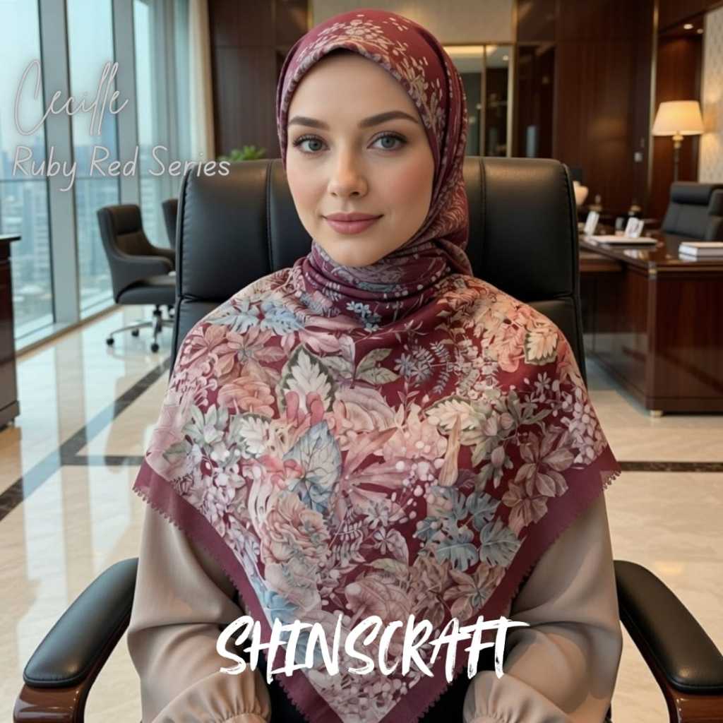 SHINSCRAFT Cecille Ruby Red Series – Premium Voile Square Hijab 110x110 Elegant นุ่ม สบาย Black Prin