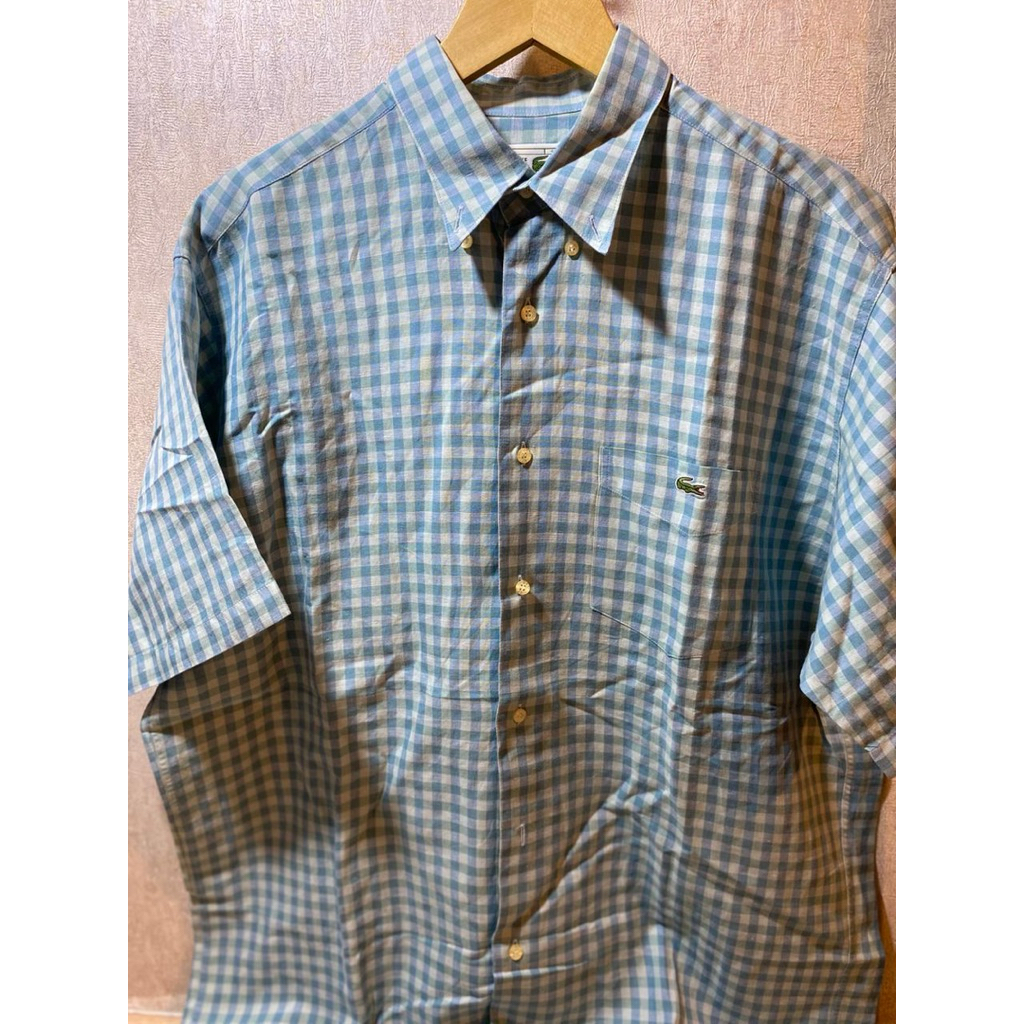 KEMEJA Lacoste เสื้อเชิ้ตแขนสั้นผู้ชายลายสก๊อตทํางานผู้ชาย Nice
