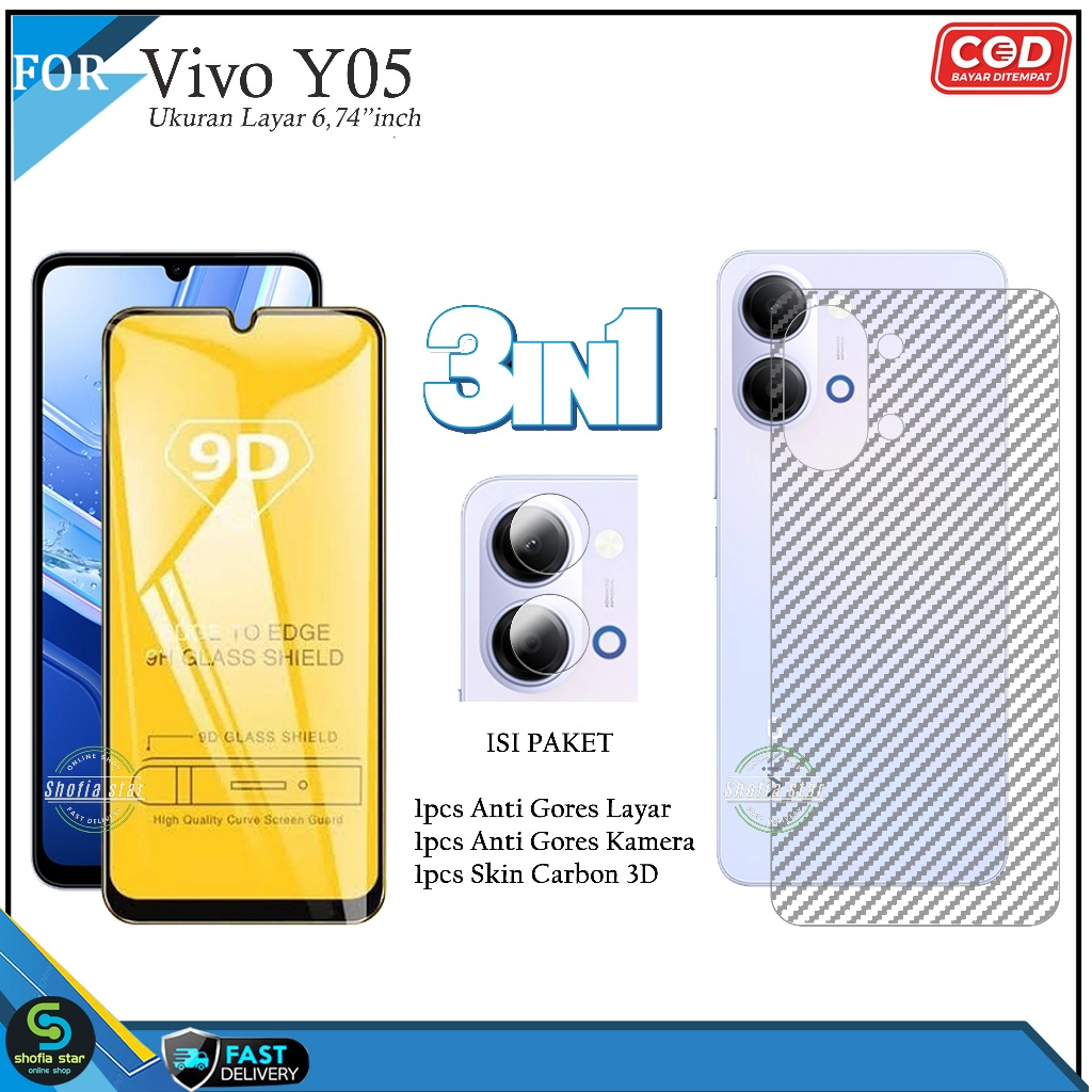 LAYAR 3in1 กระจกนิรภัยใส Vivo Y05 YO4 ฝาครอบเต็มหน้าจอ