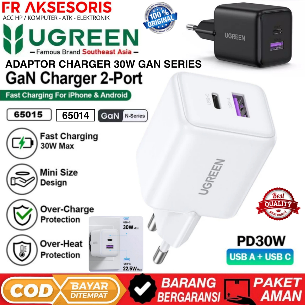 UGREEN Dual Port USB Charger + Type C Fast Charging 30W PD QC GAN 30W Dual Port Charger Head 30W USB