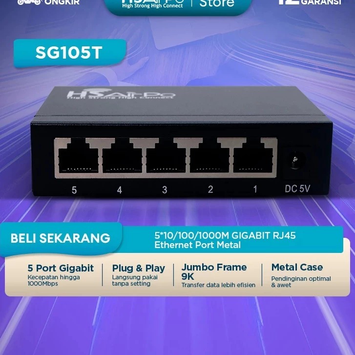 HSAirPo สวิทช์ Ethernet SG105T 5 พอร์ต Gigabit 10/100/1000M RJ45 LAN HUB CASING โลหะ HSAIRPO SG105T