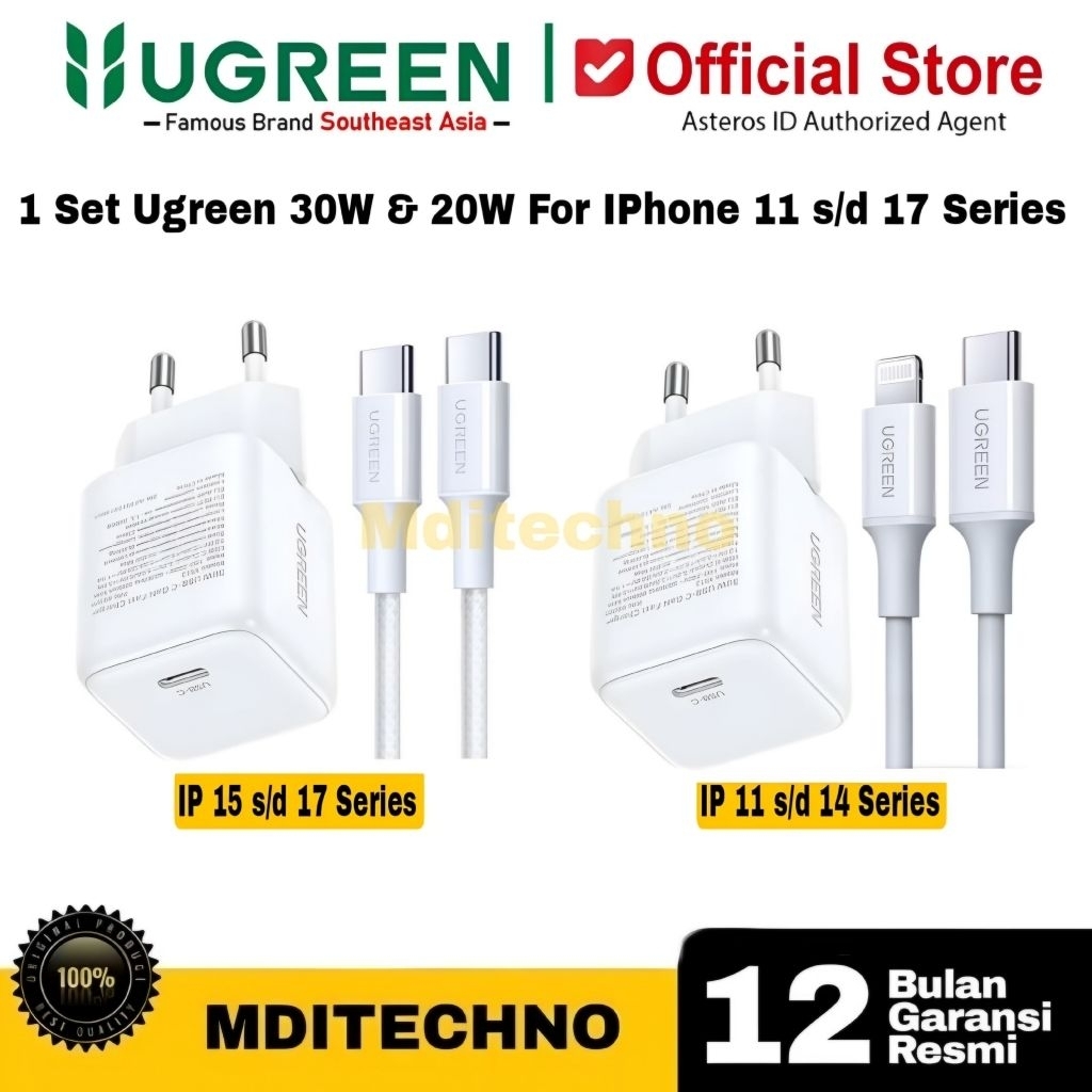 1 ชุด Ugreen Charger 30W & 20W สีขาวสําหรับ Iphone 11 ถึง 17 Series