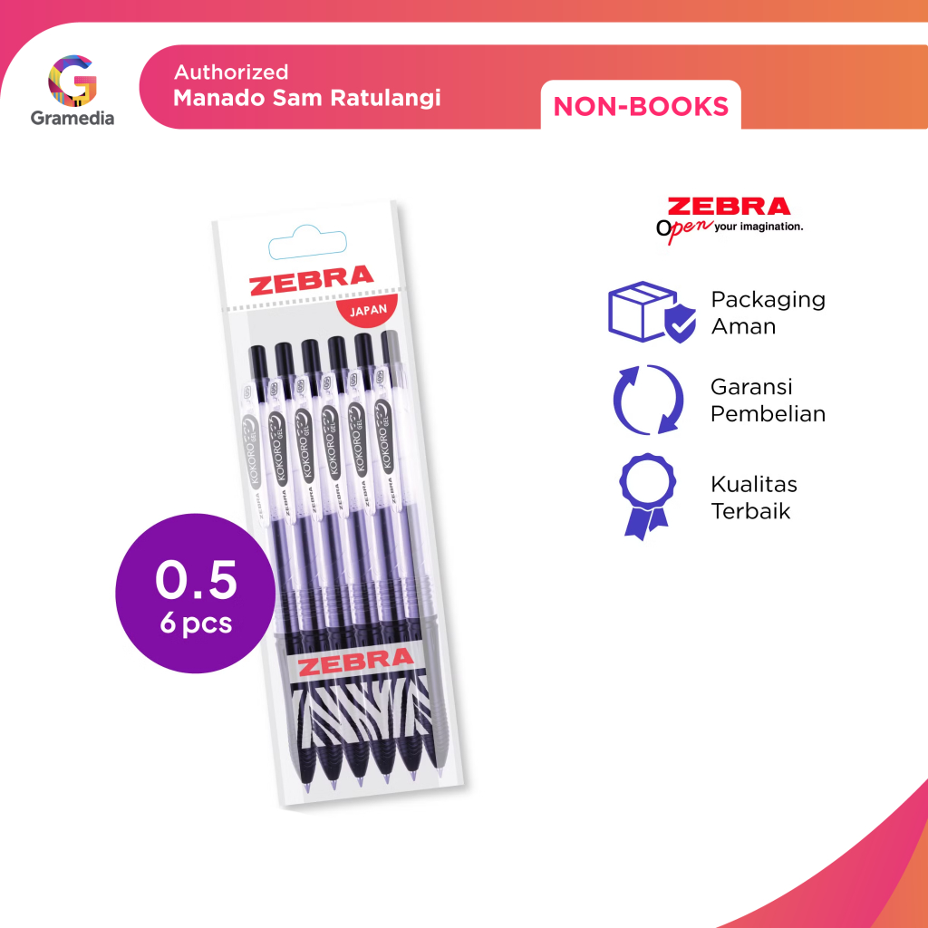 Gramedia Manado - Zebra - ปากกาเจลสีดํา Kokoro แพ็ค 6 ชิ้น