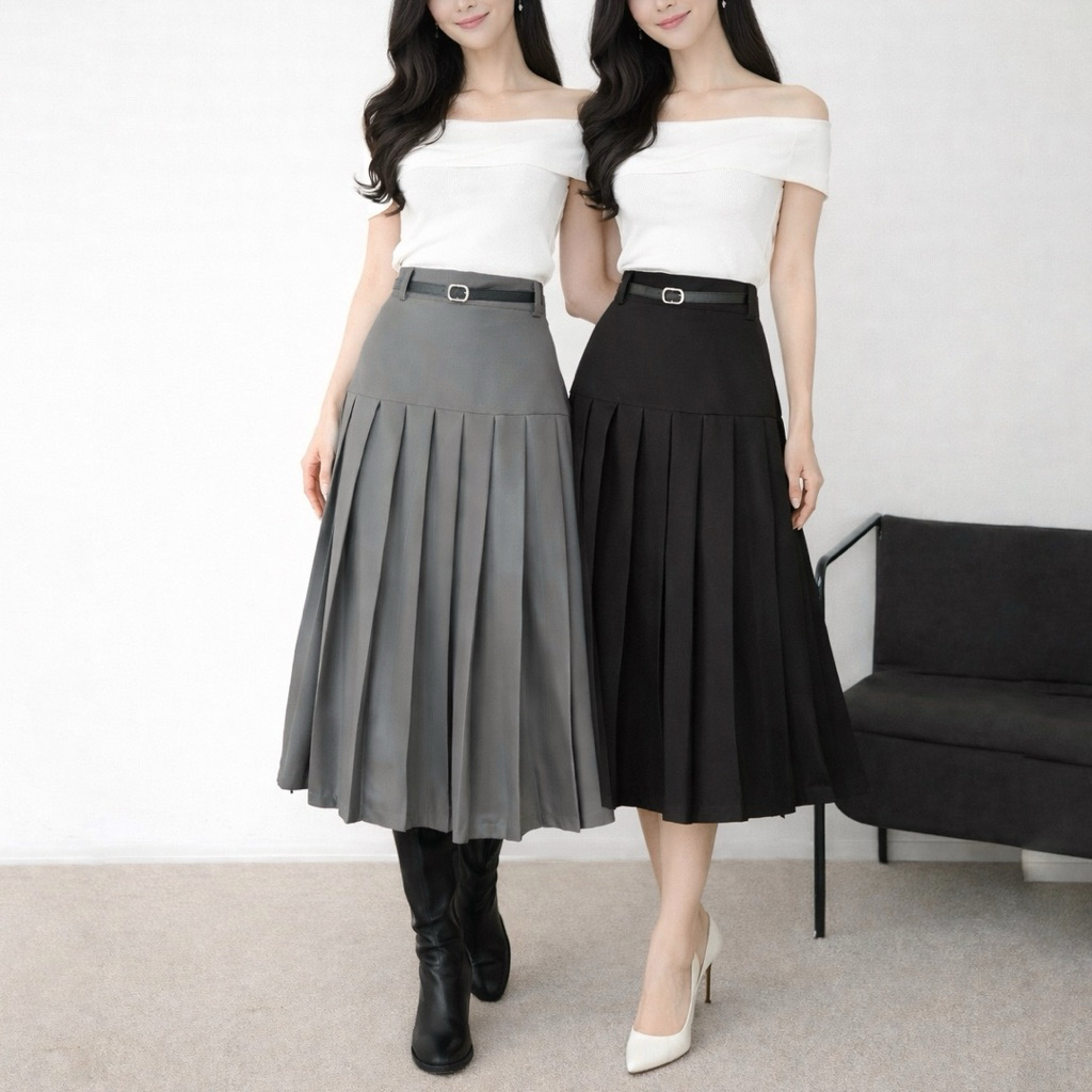 LILO Yejin กระโปรง Midi | กระโปรง Midi Plisket | กระโปรงมิดิอัดพลีท | เสื้อท่อนล่างกระโปรงผู้หญิง | 