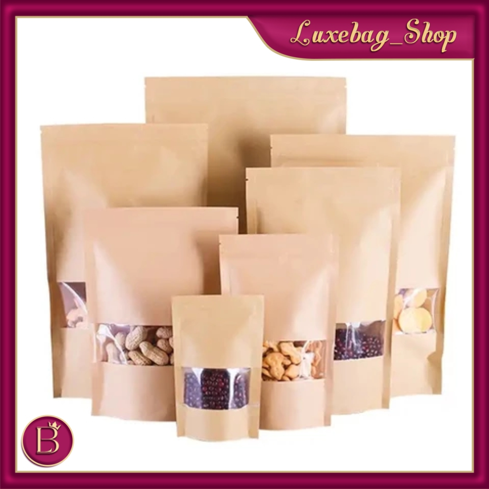 LB - Standing Pouch Craft Full Clear Windows สีน้ําตาลหลายขนาด | บรรจุภัณฑ์กาแฟ | บรรจุภัณฑ์กระดาษซิ