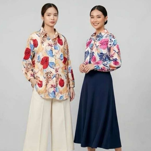 KAMEJA KATUN 904/86 | NO STRETCH COTTON SHIRT 7/8 SLEEVE FLOWER PINK RED MOTIF