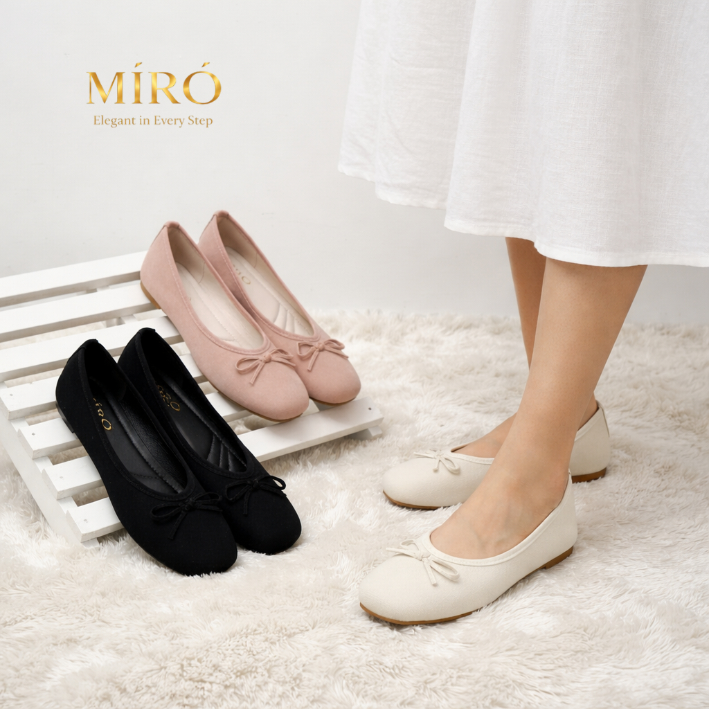 AJW x MIRO - รองเท้าส้นแบนผู้หญิงเกาหลีพร้อมริบบิ้นผ้าใบกํามะหยี่ระดับพรีเมียม Variation MEQ | รองเท