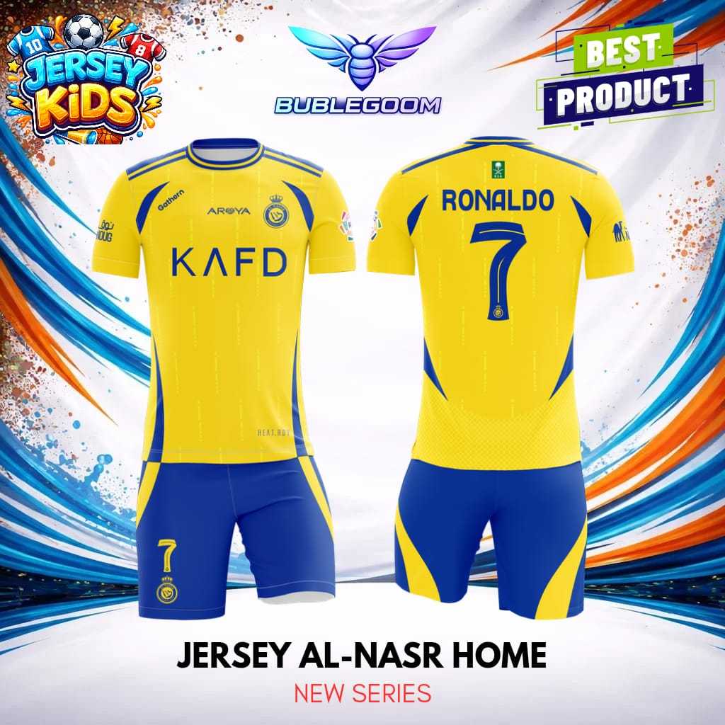 ใหม่ล่าสุด SET al nassr home Jersey | เสื้อยืดกีฬาเด็กพรีเมี่ยมต้นฉบับ | เสื้อโรนัลโด้ | เสื้อฟุตบอล