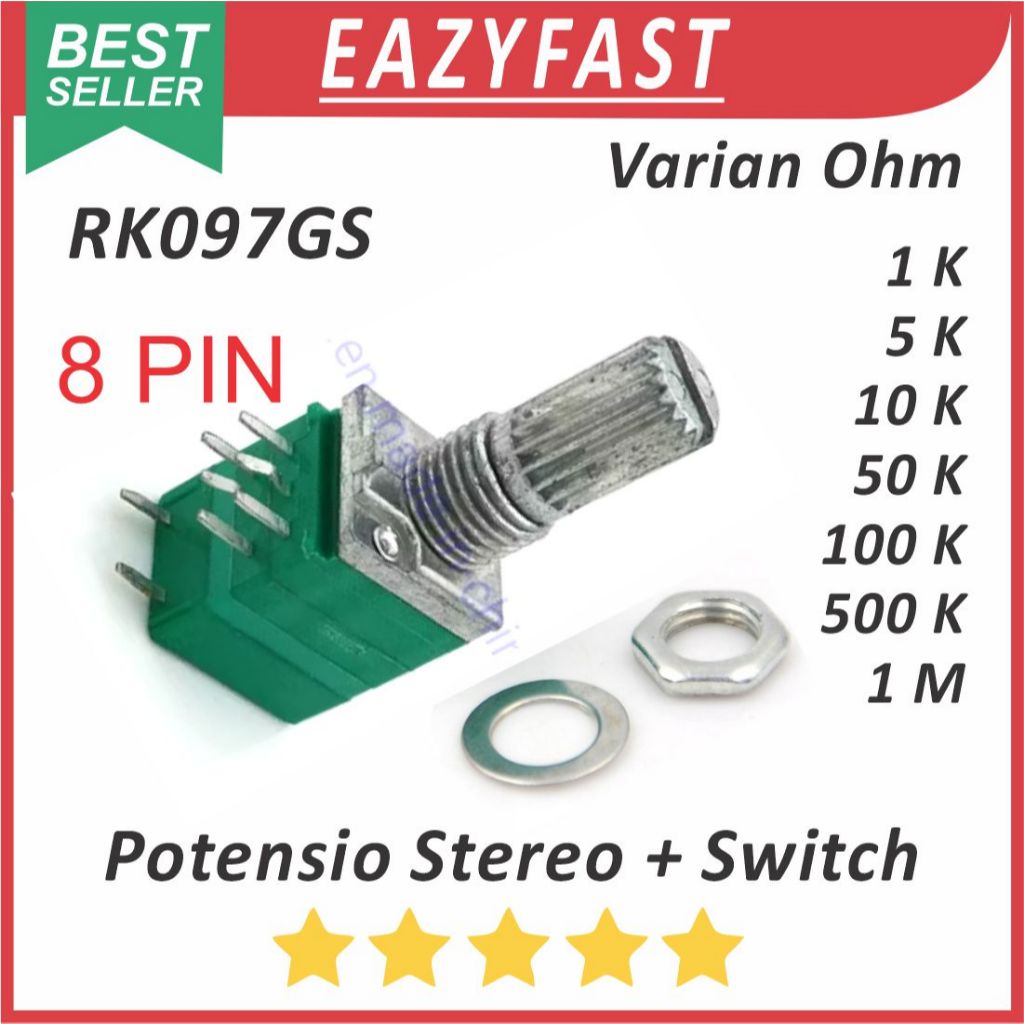 HIJAU สีเขียวปิดผนึก Audio Potentiometer สวิทช์สเตอริโอ 8P 8 P ขา 1K 5K 10K 50K 100K 500K 1M 1 5 10 