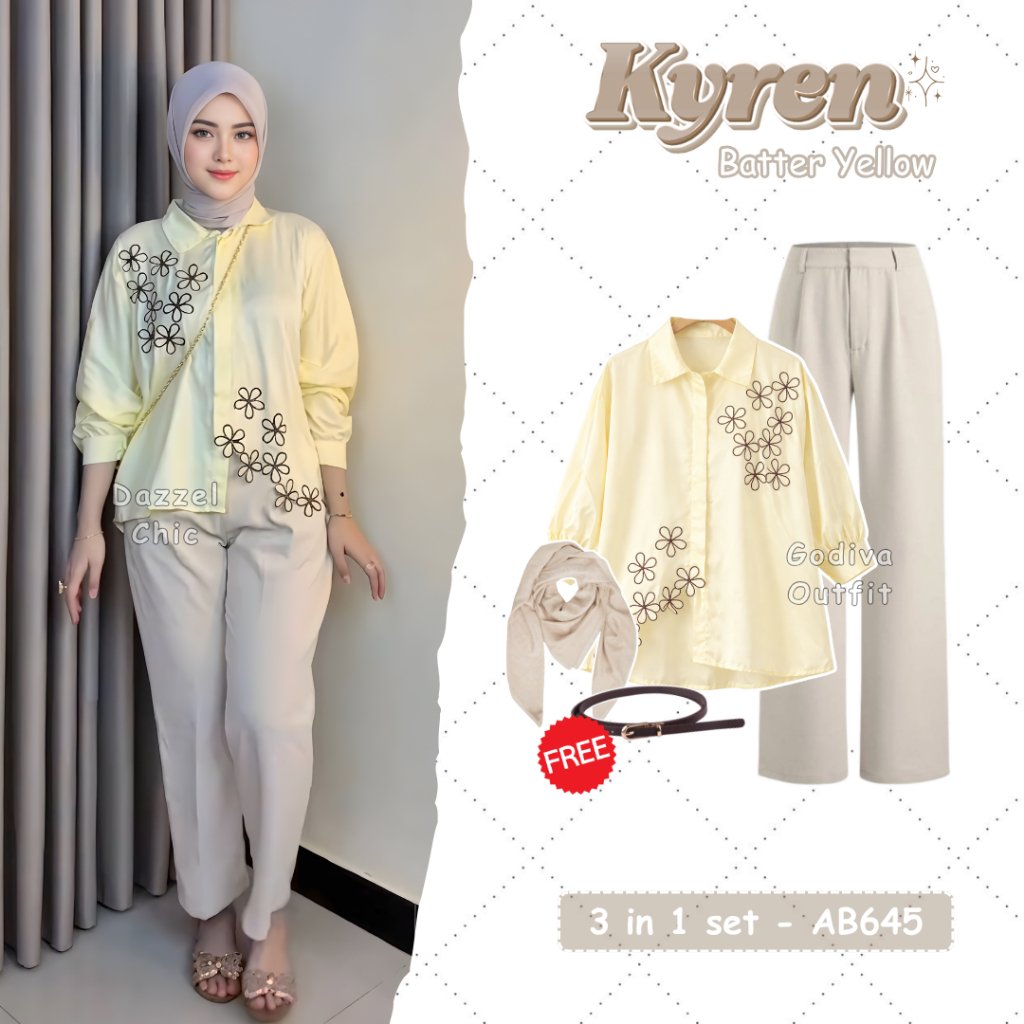 ชุด Godiva สีเหลือง Kyren 3In1 ชุดยอดนิยมสําหรับวัยรุ่น (Bella Square + เข็มขัด + Blouse + กางเกง Or