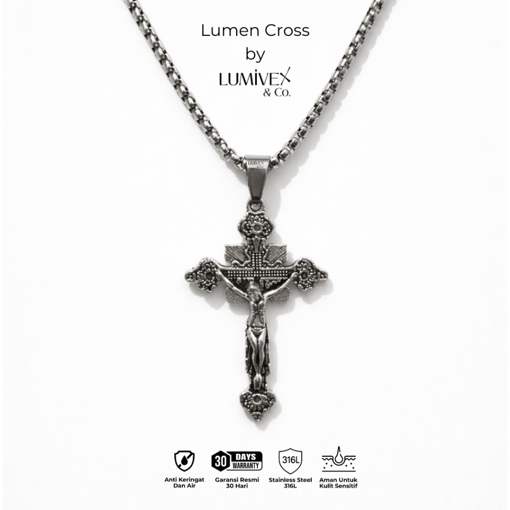 Lumen Cross Lumivex Titanium Stainless Steel สร้อยคอไม้กางเขนป้องกันสนิมสําหรับผู้ชายและผู้หญิง