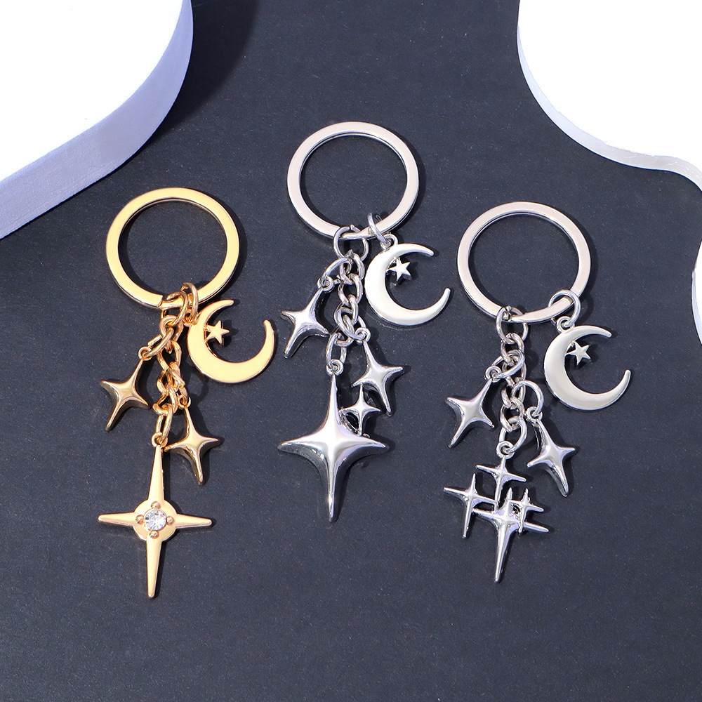 Y2K Star Moon พวงกุญแจโลหะสําหรับผู้หญิงผู้ชาย Creative Moon และ Star จี้พวงกุญแจ, Lucky Four-Pointe