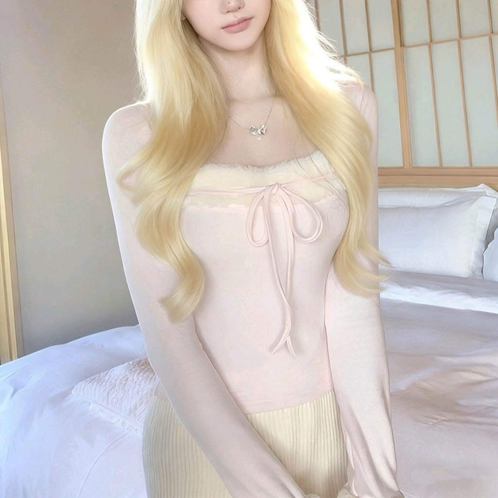 ( LUXOYEZ ) ทันที | LIZ TOP - FEMININE PINK LONG-SLEEVED FUR KNIT TOP สําหรับผู้หญิง
