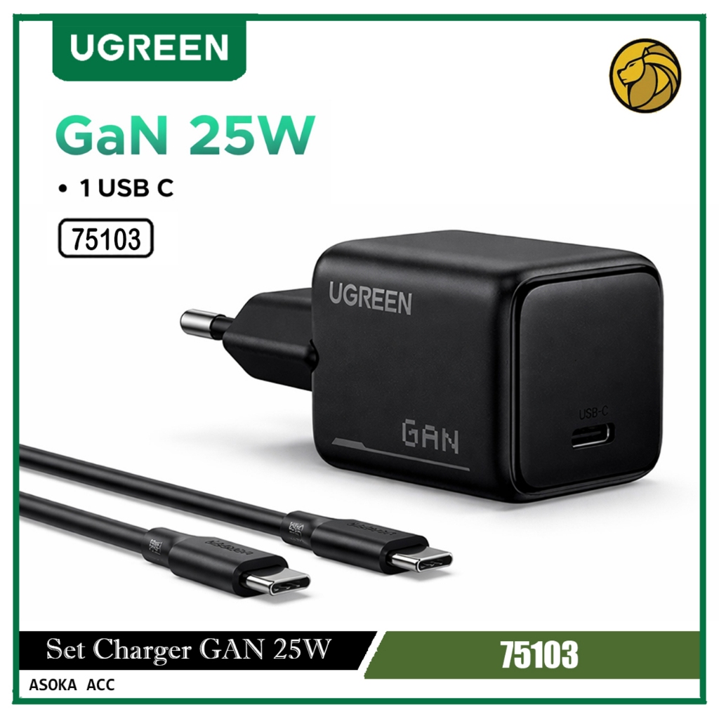 UGREEN ชุดเครื่องชาร์จ GAN 25W + สายชาร์จเร็ว Type C ถึง Type C 75103
