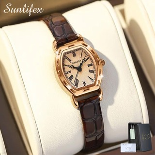 Sunlifex 3345 Jam Tangan Wanita Mode Korea Display Kuarsa Santai Jam Tali Kulit Jam Tangan Cewek (Kotak Gratis)