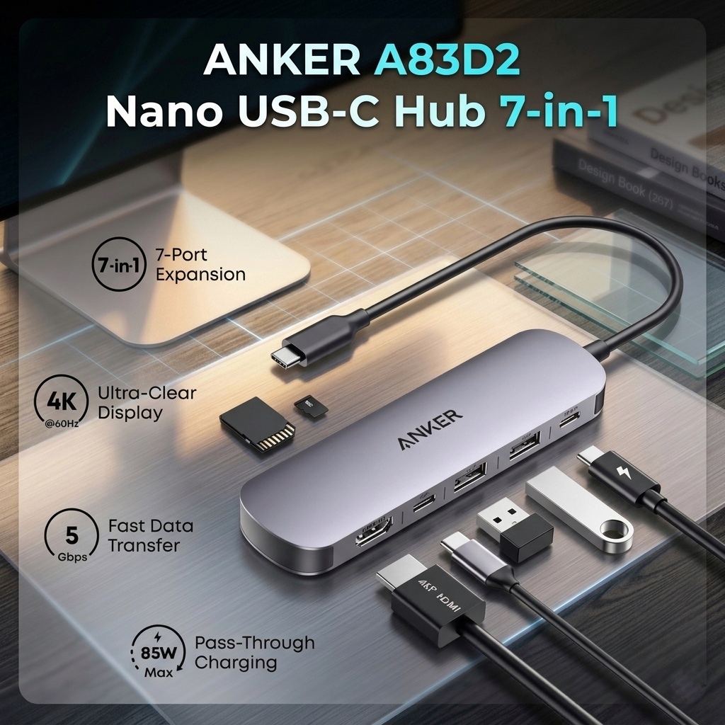 ANKER A83D2 Nano USB-C Hub 7-in-1 4K HDMI 60Hz 5Gbps Data Transfer 85W ชาร์จ