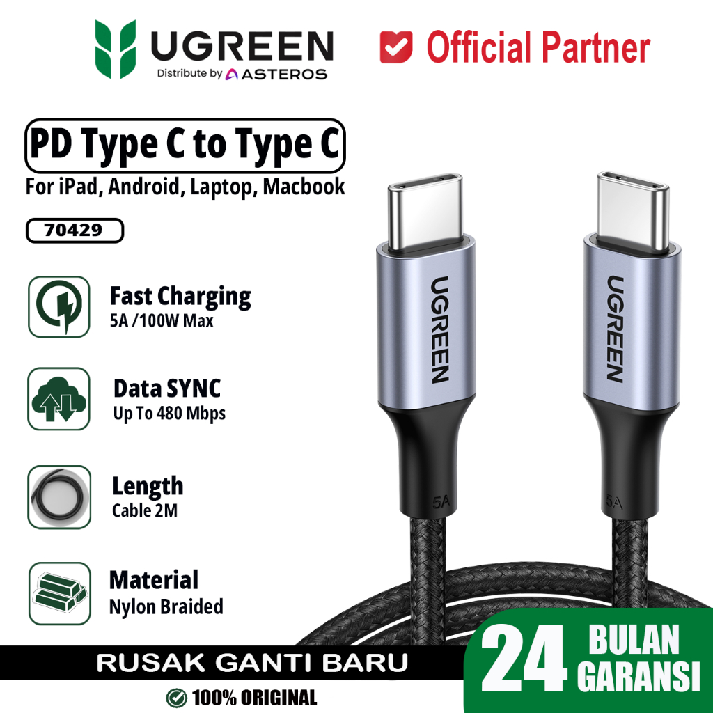 UGREEN USB Type C ถึง Type C PD QC 4.0 2M 5A 100W Super Fast สายชาร์จข้อมูล 70427 100 ซม.70429 200 ซ