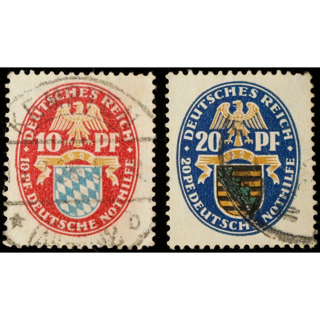 แสตมป์โบราณเยอรมัน 1925 Deutsches Reich Semi-Postity Prussia Coat of Arms 10 & 20 Pf