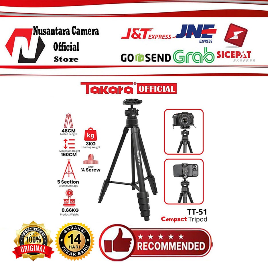 Takara TT-51 นักเดินทางขาตั้งกล้องพร้อมหัวบอลสําหรับกล้องและสมาร์ทโฟน