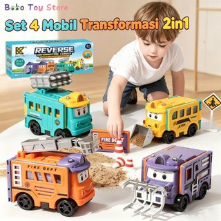 BOBO Set 4PCS Mobil Transformasi Mainan Anak 2in1 Kendaraan Konstruksi Pull Back Truk Bisa Berubah Bentuk Mini Car