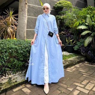 Atheera Dress 2in1 Abaya Outer Busui Friendly Pocket Haruka Linen Denim Premium by Diarletta