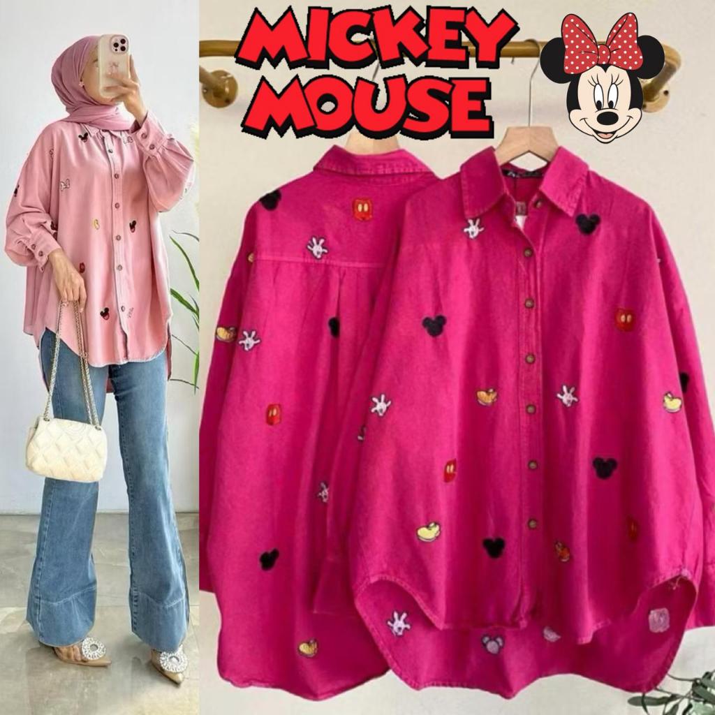 KEMEJA NANDO PINK FUSCHIA MICKEY MINNIE DENIM SHIRT LONG SLEEVE SOFT JEANS PREMIUM 21330