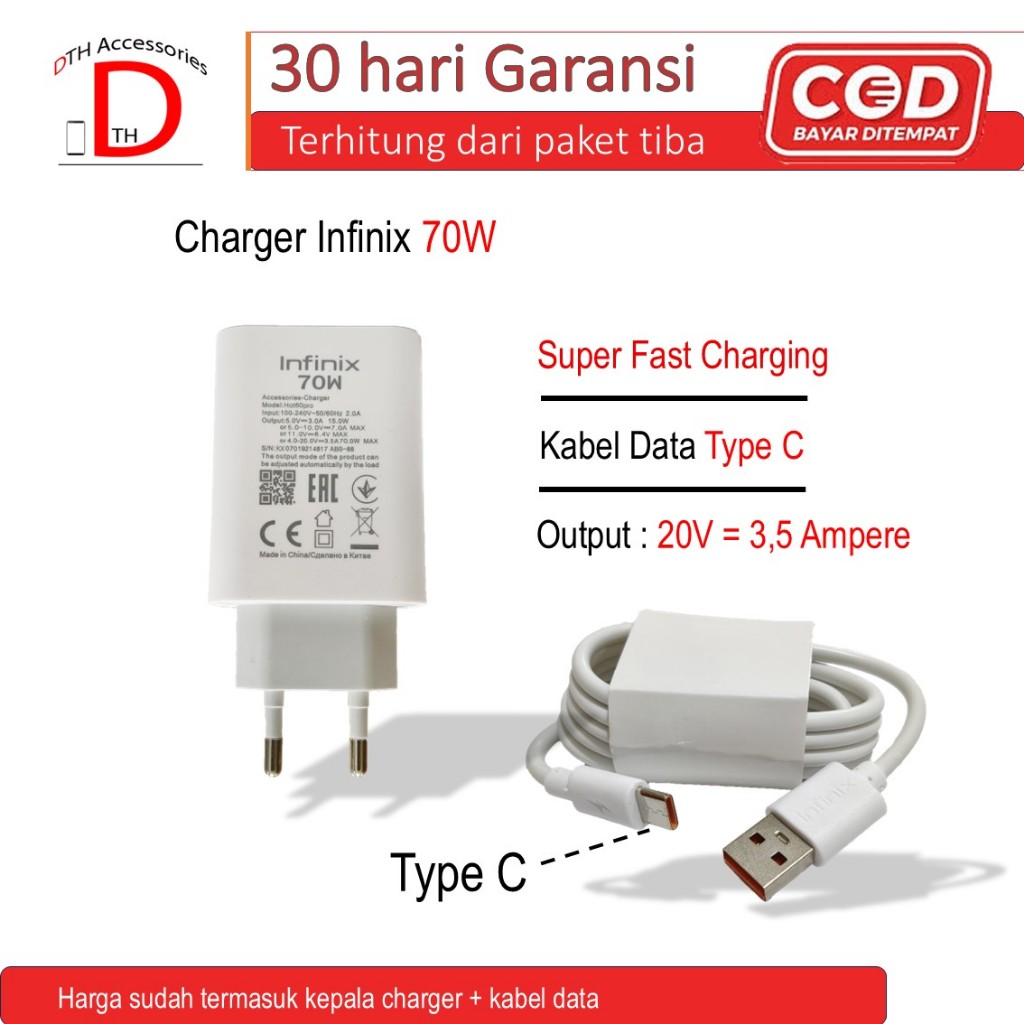 Infinix 70W Super Fast Charger Heavy Adapter Type C Data Cable