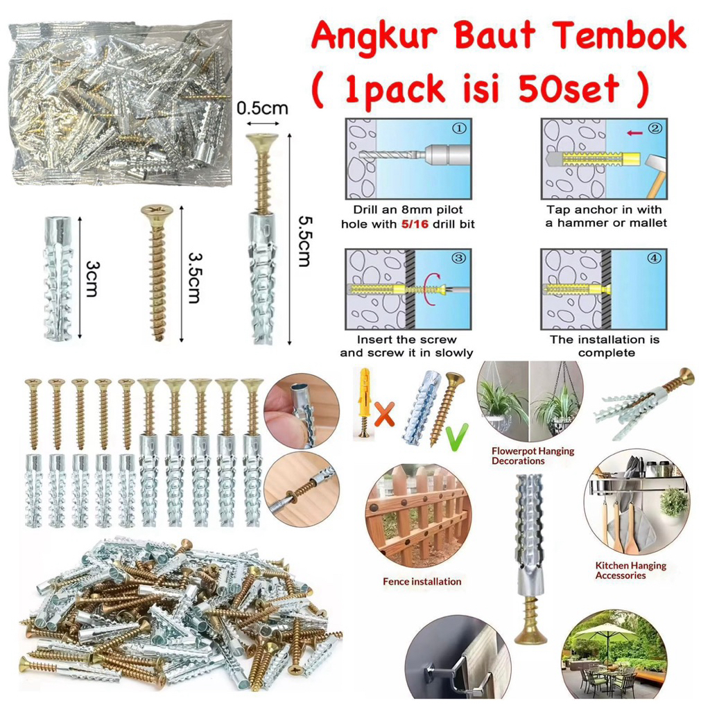 (50 ชิ้น) สกรูเหล็กยิปซั่ม M6x30 Anchor Wall Bolts Wall Anchor สกรูผนังสกรูผนัง
