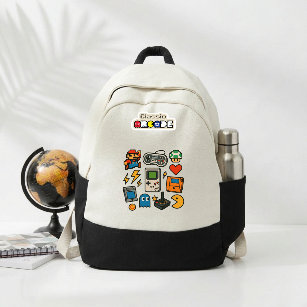 Weego - CAN 002 - Z59 - Cute Classic Vintage Gamers Motif School Backpack ครีม ดํา สบาย