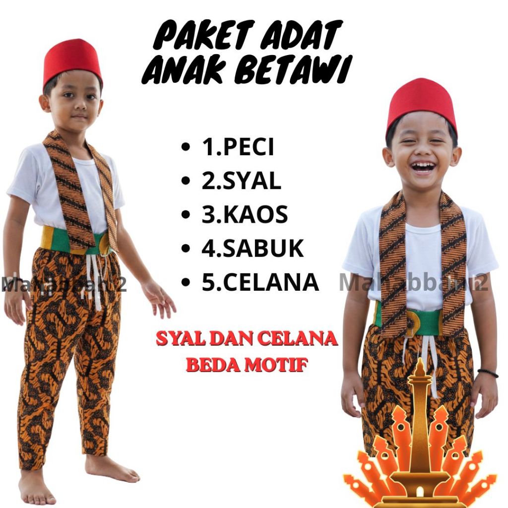ชุดเสื้อยืดและกางเกง Bim เสื้อ Betawi Sadaariah ผ้าพันคอ เข็มขัด และ Songkok ฟรีสร้อยคอ