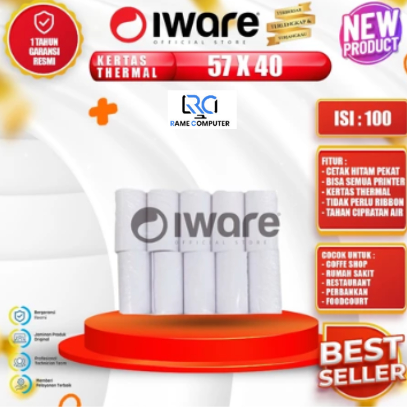 กระดาษแคชเชียร์เครื่องพิมพ์ 10 ม้วน - IWARE กระดาษความร้อน 57x40mm 57x40 mm 57 x 40 mm
