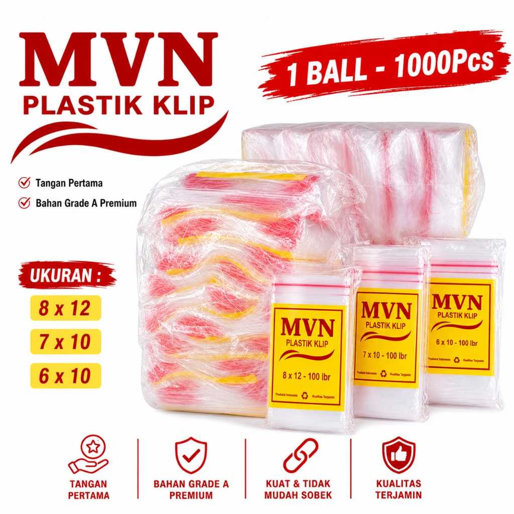 MVN ถุงซิปล็อคคลิปถุงพลาสติก 1 Bal 1000 ชิ้น 8.7x13 8x12 7x10 6x10 5x8 4x6 3x5 คลิปซิปพลาสติก