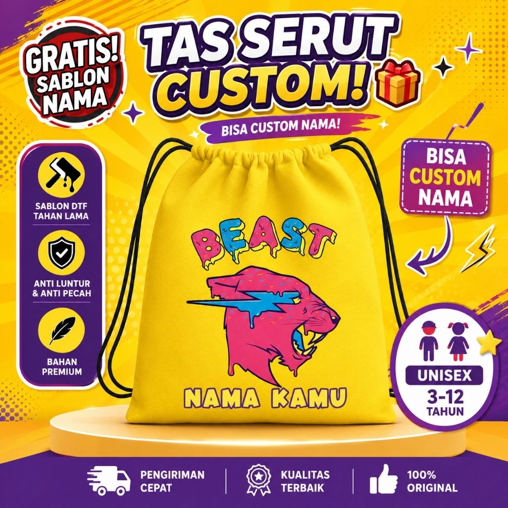 MrBeast New Childrens Drawstring Bag ชื่อฟรีทุกขนาด