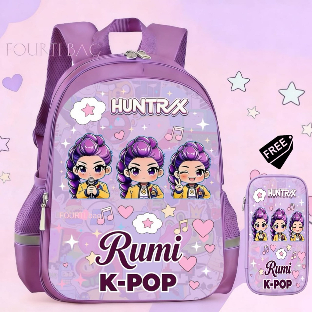 RUMI Kpop Demon Hunter กระเป๋าเป้สะพายหลังเด็กผู้หญิง + ฟรีกล่องดินสอล่าสุดโรงเรียนอนุบาลโรงเรียนประถมศึกษากระเป๋า