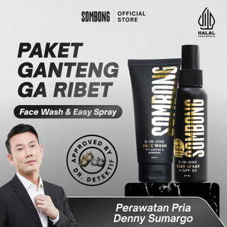 SOMBONG Ganteng Ga Ribet 5-in-1 Face Wash Pria + Sunscreen Spray with SPF 30 Sunscreen Skincare-Sabun Cuci Muka Pria Membantu Mengontrol Kulit Beriminyak Mencerahkan Wajah - Niacinamide (Vitamin B3), Menthol, Coffea Canephora Bean Extract, Myristic Acid,