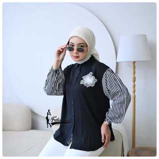 NADHIRA Blouse Kemeja Wanita Kombinasi Salur Rayon Twill Model Terbaru Atasan Wanita Kekinian