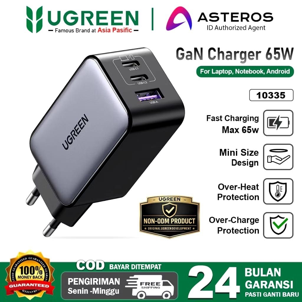 UGREEN Batok Charger 65W 3 พอร์ต GaN Nexode Fast Charging USB A & USB C 65W หัวชาร์จ