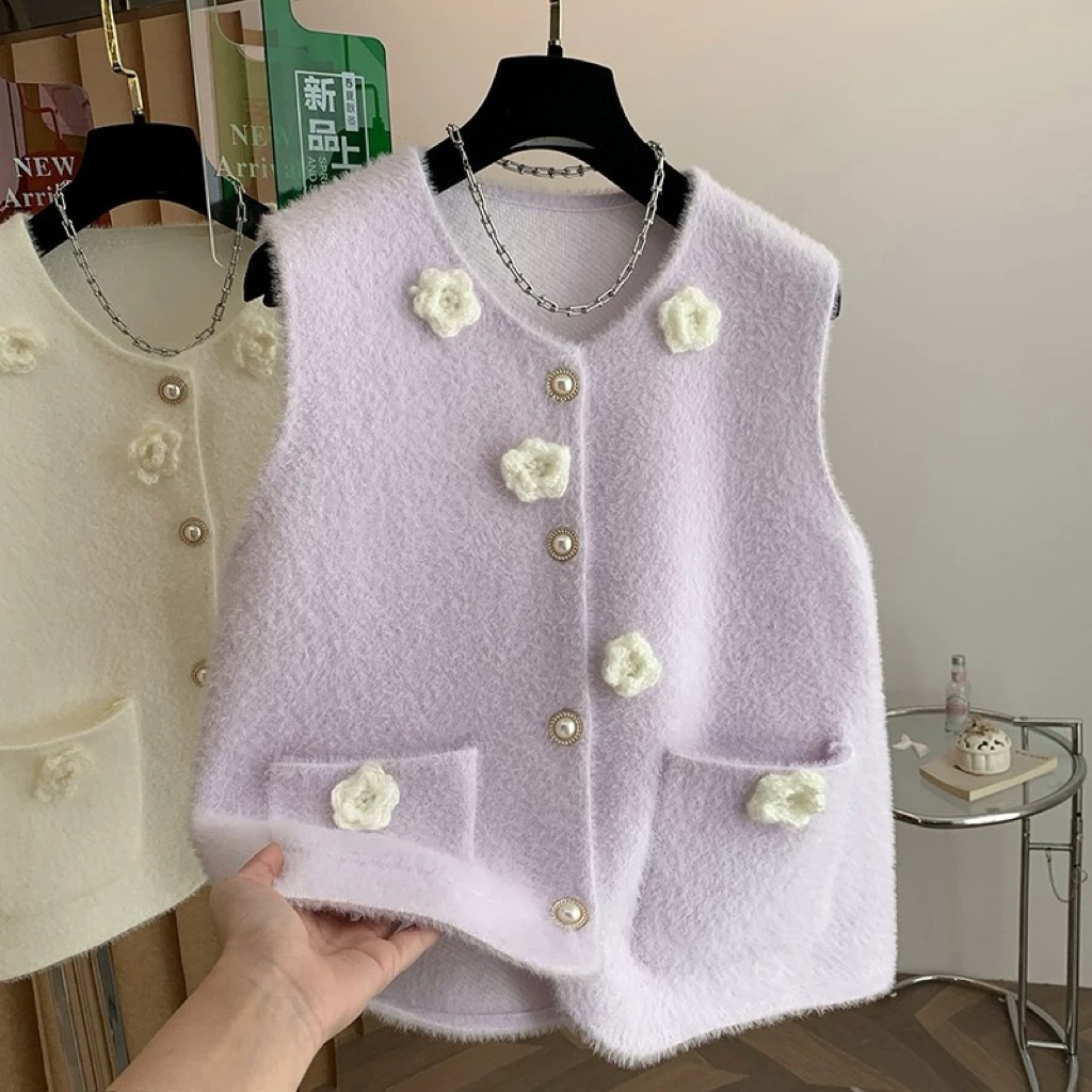 KNIT FLOWER FUR WINTER VEST TOP (เฉพาะที่, ไม่ใช่ภายใน) MX450
