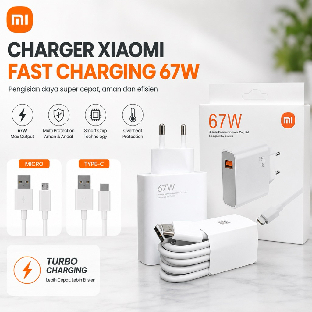 Travel Charger XIAOMI 67W 2in1 สาย USB Type-C/Micro Charger คุณภาพต้นฉบับ Type C Power Adapter Suit 