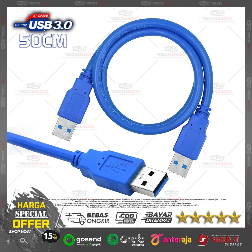 สายเคเบิลข้อมูล USB 3.0 Male to Male 50CM / 0.5M / 0.5 เมตร - สาย USB A to A ความเร็วสูงสําหรับฮาร์ด