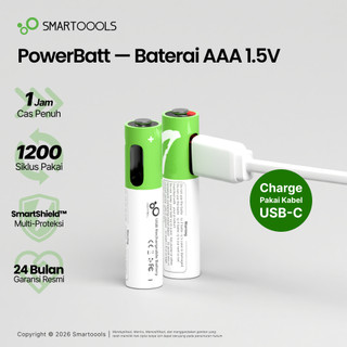 Baterai Cas Isi Ulang Smartoools PowerBatt AAA 1.5V Type-C USB Rechargeable Li-Ion Battery Charge