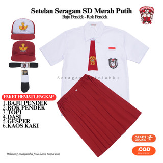 Setelan Super Lengkap Seragam Sekolah SD Merah Putih Anak Perempuan Baju Putih Lengan Pendek Rok Merah Pendek Cewek Kelas 1 - 6 SD