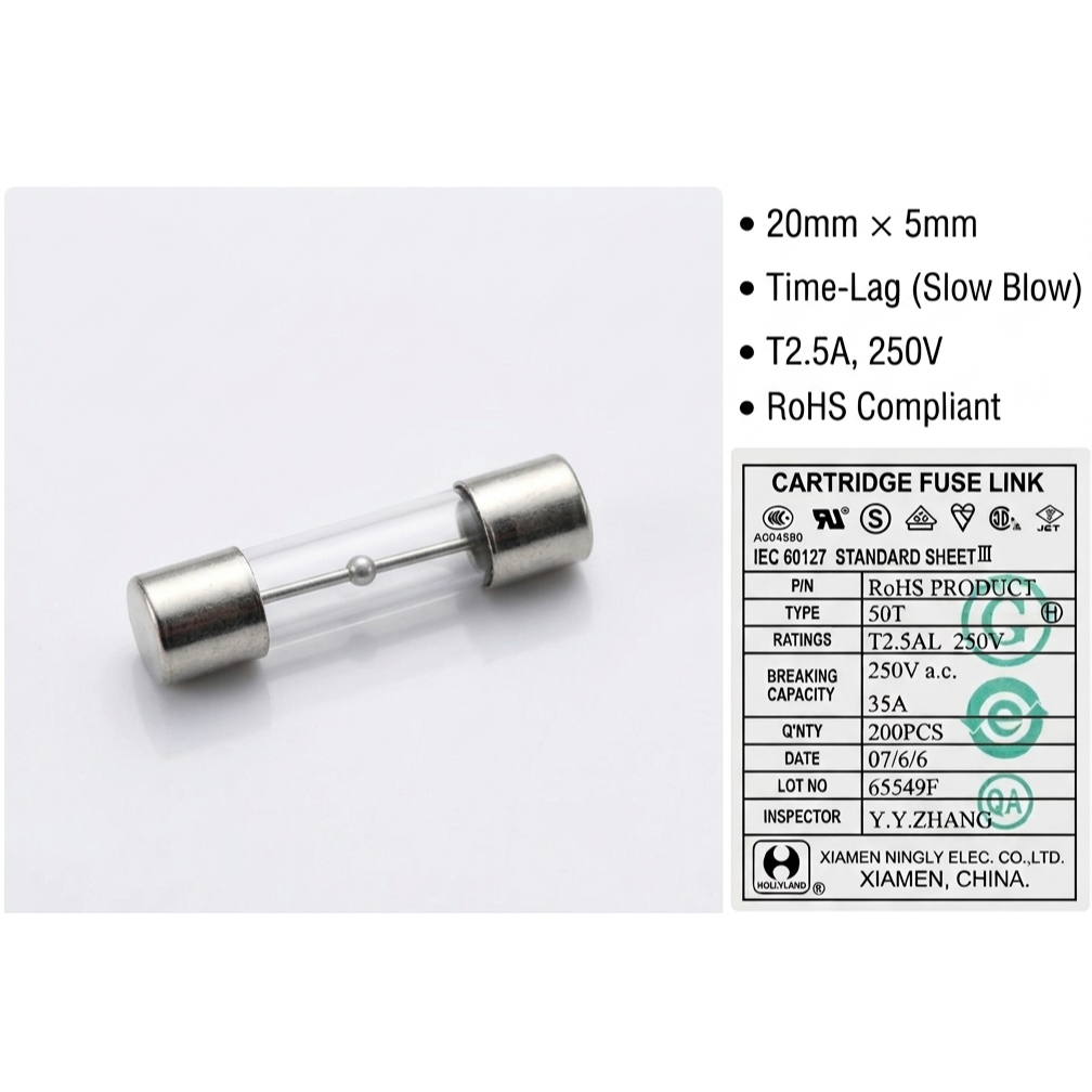 2.5A T2.5AL T2.5A 250v ฟิวส์แก้ว ฟิวส์เป่าช้า - 20mm x 5mm - ราคาต่อ 1 ชิ้น