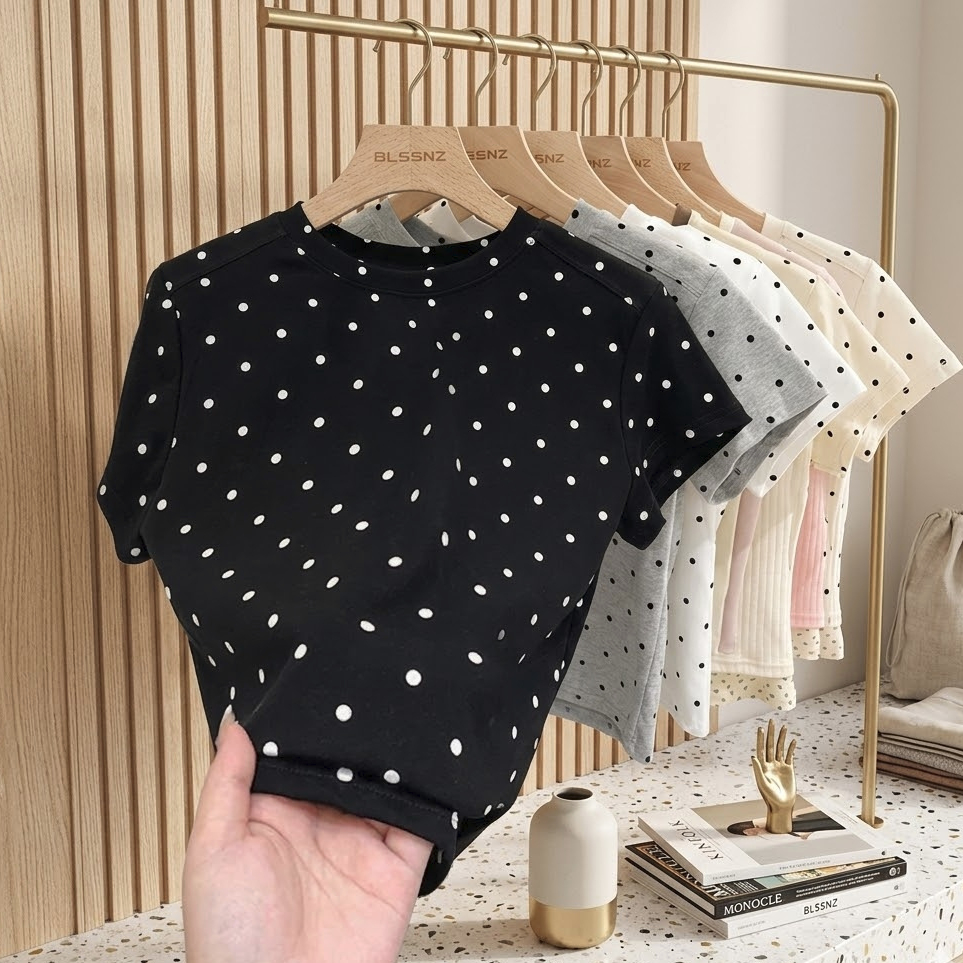 YEJIN Knit Premium Polka Dot T-Shirt -02 Yejin เสื้อยืดแขนสั้นผู้หญิงลายจุดด้านบน
