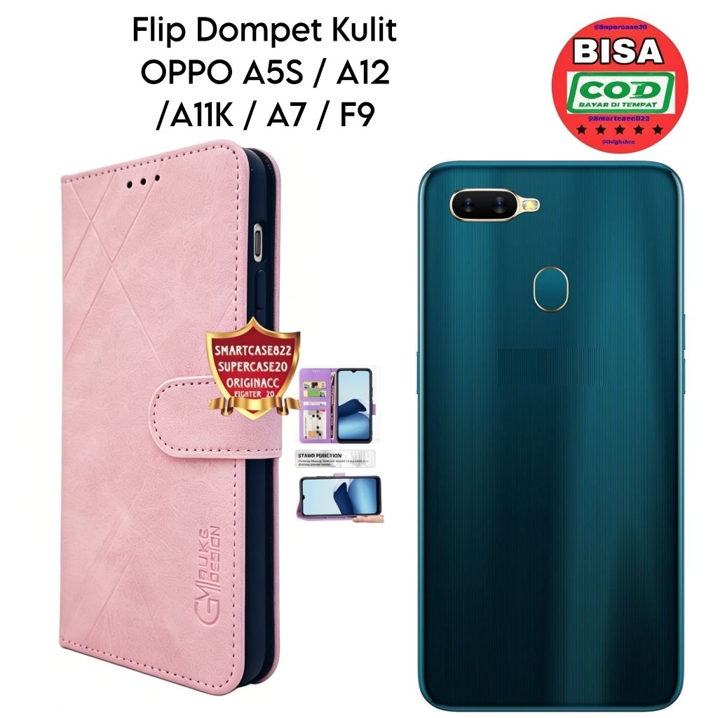 UNGU Flip Casing OPPO A5S A12 A11K A7 F9 F9 PRO Case Leather Wallet Macaron Pink Purple Standing Hp