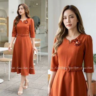 Emma.Butik E00627 Gaun Wanita A-Line Polos Bross bunga Dress Gereja Formal Kondangan Cantik