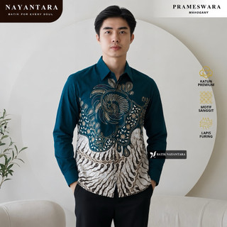 NAYANTARA Batik - Kemeja Batik Pria Lengan Panjang Slimfit Lapis Furing Premium Katun Adem Motif PRAMESWARA EMERALD BLUE