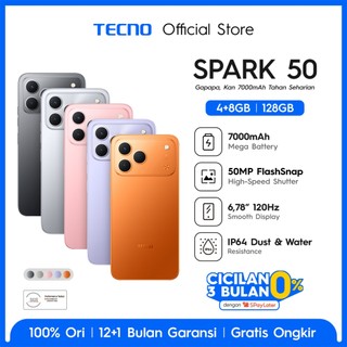 TECNO SPARK 50  - 4+8GB*/128GB, 7000mAh Mega Battery, 50MP AI Camera + FlashSnap, 120Hz 6.78" Smooth Display, IP64 High Durability - SPARK 50