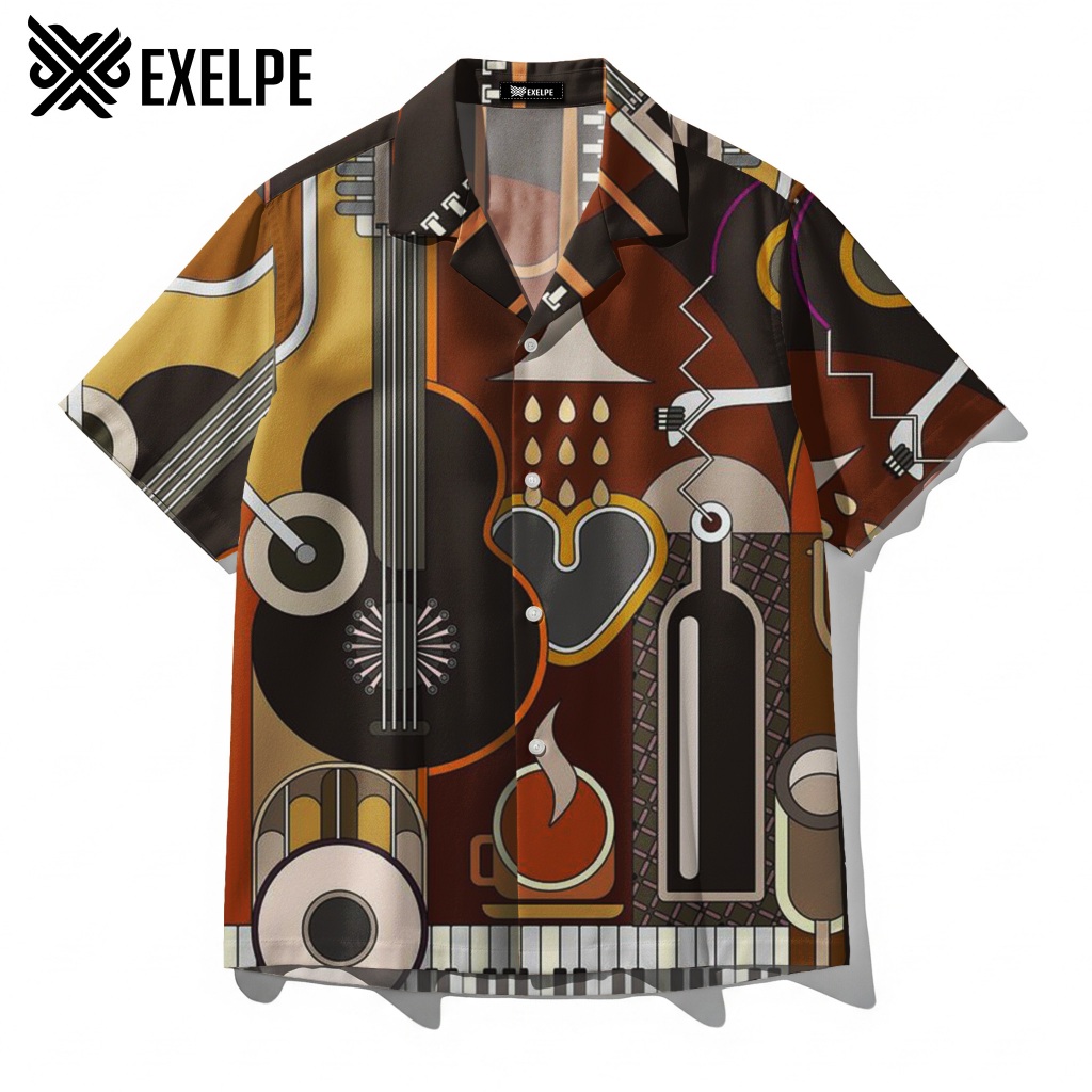 KEMEJA EXELPE Retro Cubism Music Brown Shirt การออกแบบที่ไม่ซ้ําใครและศิลปะระดับพรีเมียมหรูหรา