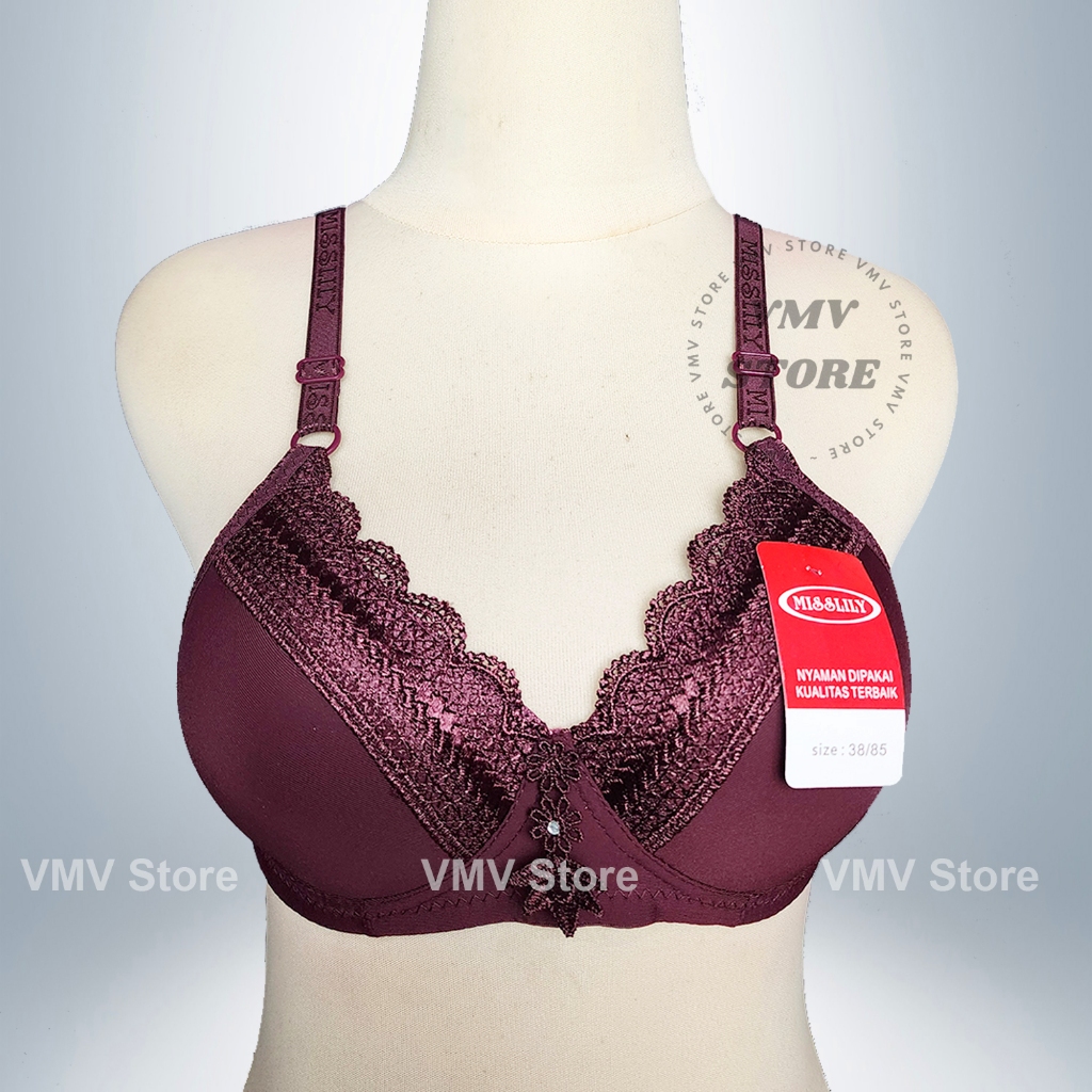 Misslily Bra 714 Cup A Underwire Bra 2 Hooks Elegant Bloom Charm Lace สวย